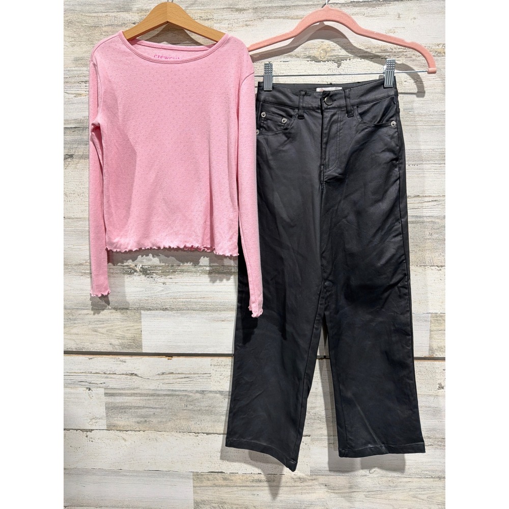 Crewcuts GB Outfit Set Girls 8 Pink Pointelle Top Black Faux Leather Pants EUC